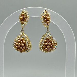 Vintage Cluster Pearl Aurora Borealis Gold Tone Clip-On Dangle Drop Earrings